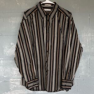 Geoffrey Beene Shirt Mens L Black/Beige Brown Classic Striped Button Down Cotton